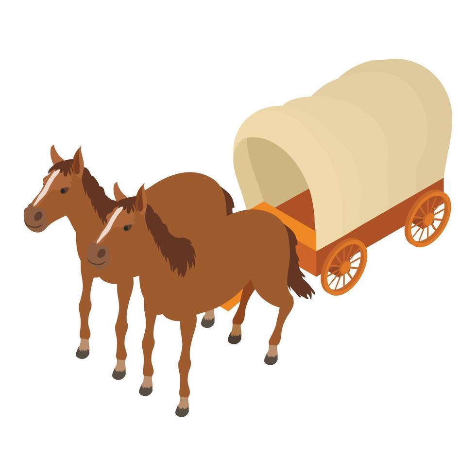 Clásico vagón icono isométrica vector. salvaje Oeste cubierto madera vagón dibujado por caballo vector