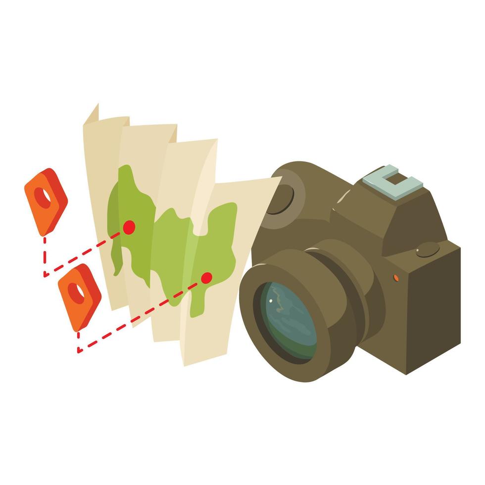 Rest concept icon isometric vector. Modern photo camera and paper map with pin vector