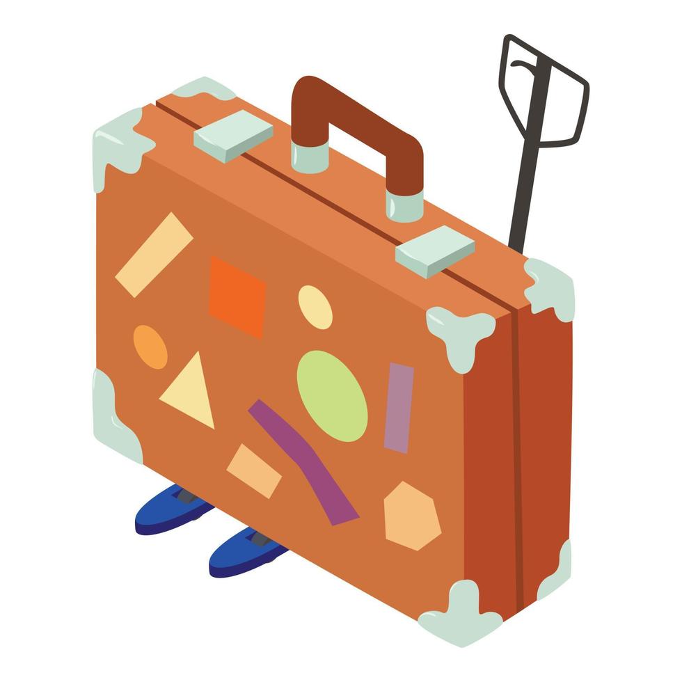 Tourism concept icon isometric vector. Big traveler suitcase on hand forklift vector