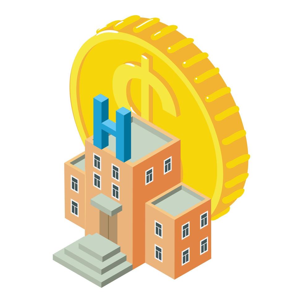 Medical business icon isometric vector. Hospital building and dollar sign coin vector