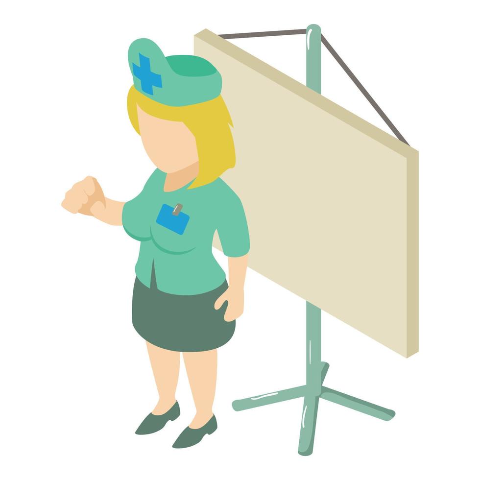 Science conference icon isometric vector. Healthcare worker near magnetic board vector