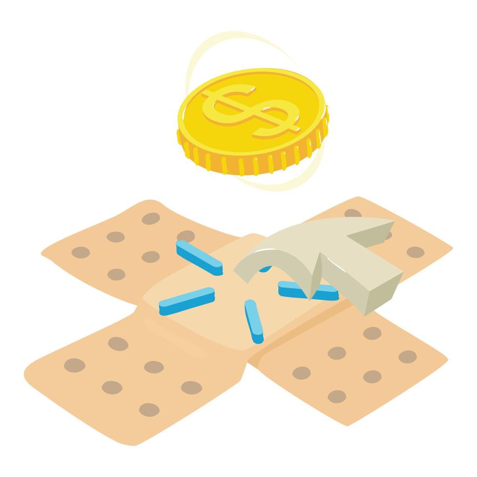 Paid medicine icon isometric vector. Medical patch cursor and dollar sign coin vector