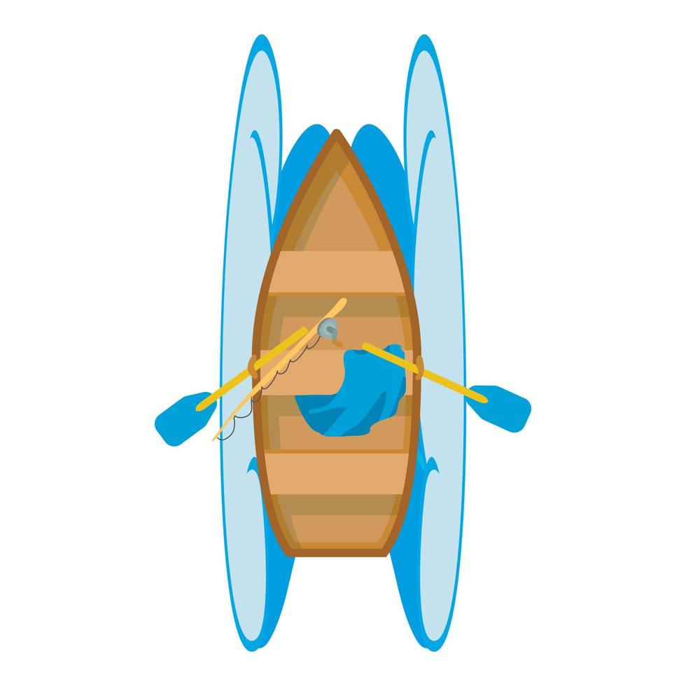 Rowboat icon isometric vector. Wooden fishing boat with paddle and sea wave icon vector