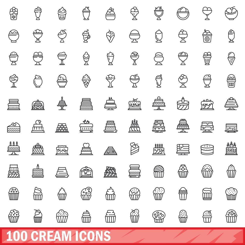 100 cream icons set, outline style vector