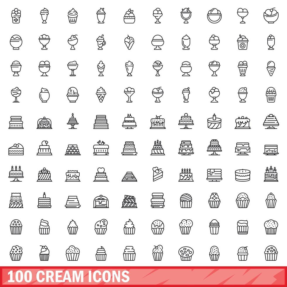 100 crema íconos colocar, contorno estilo vector