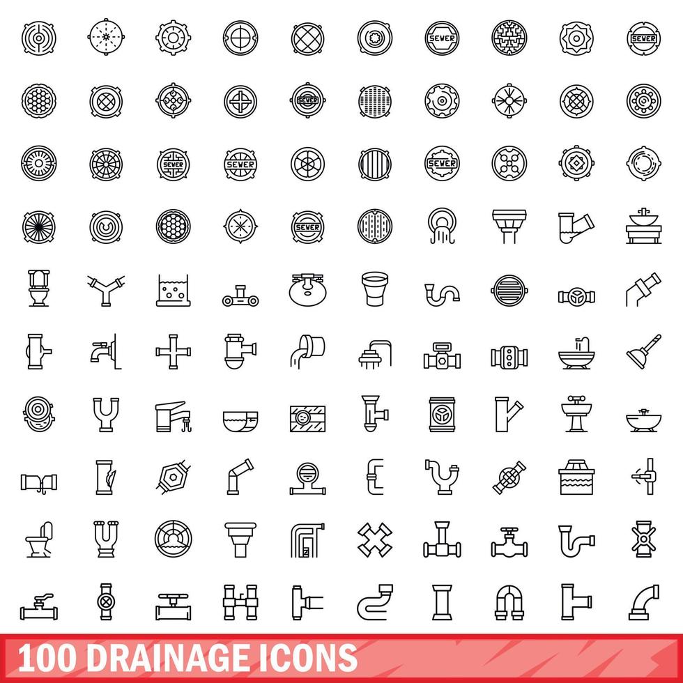 100 drainage icons set, outline style vector
