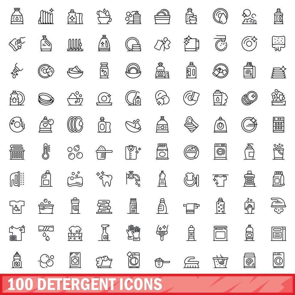 100 detergent icons set, outline style vector