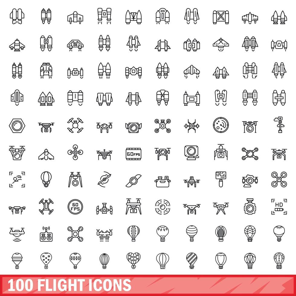 100 flight icons set, outline style vector