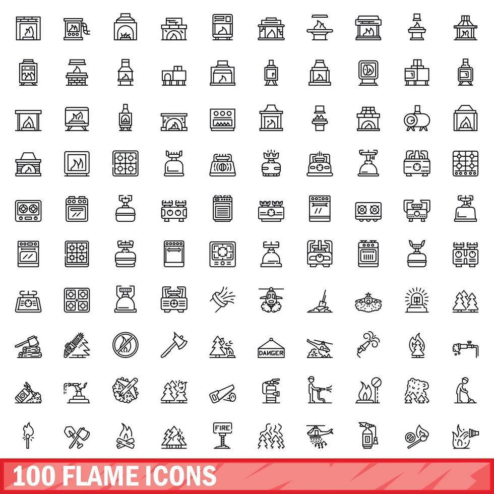 100 flame icons set, outline style vector