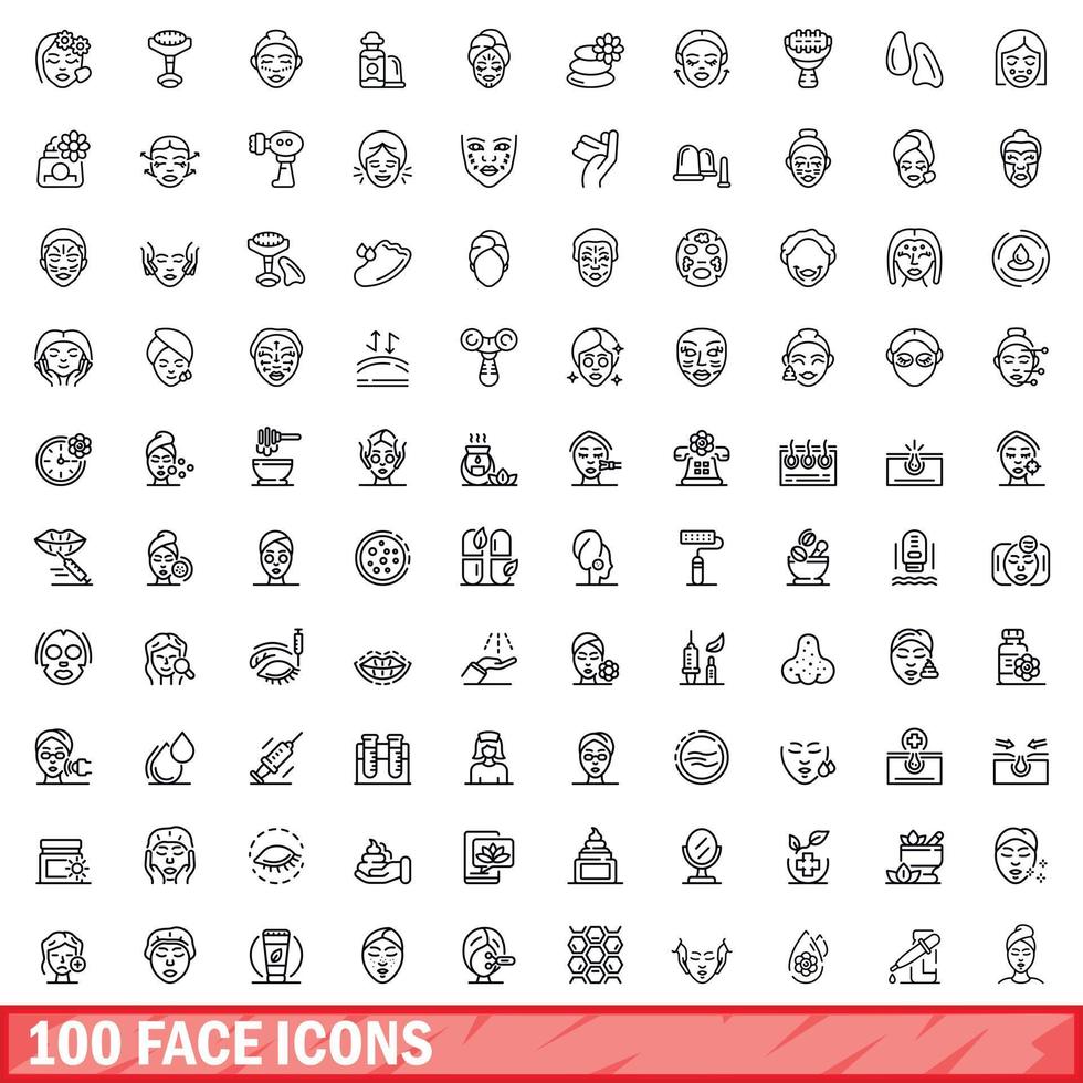 100 face icons set, outline style vector