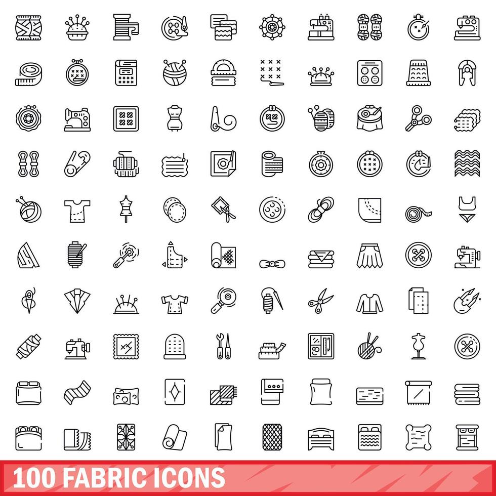 100 fabric icons set, outline style vector