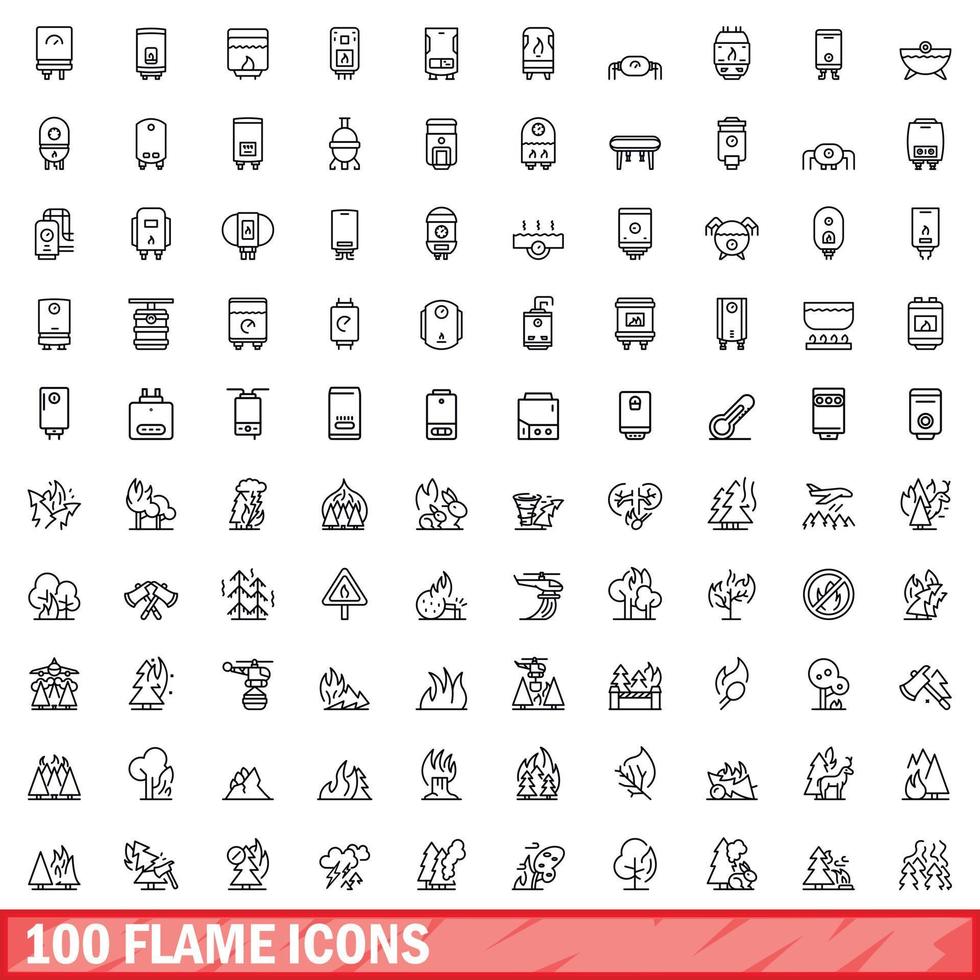 100 flame icons set, outline style vector