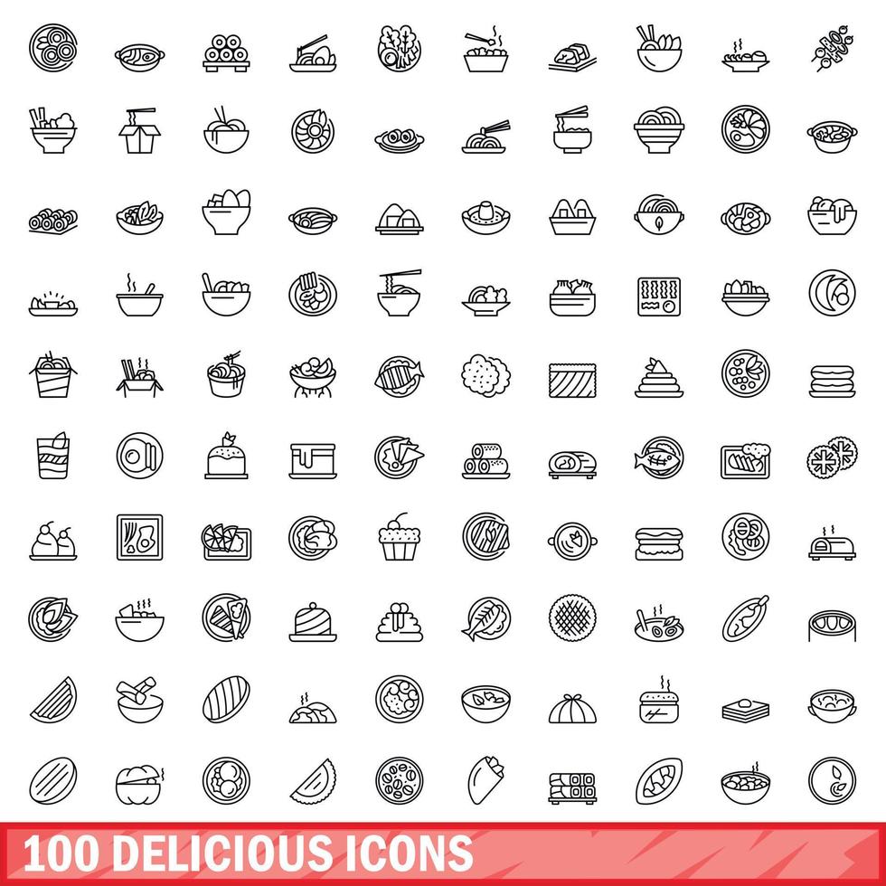 100 delicious icons set, outline style vector