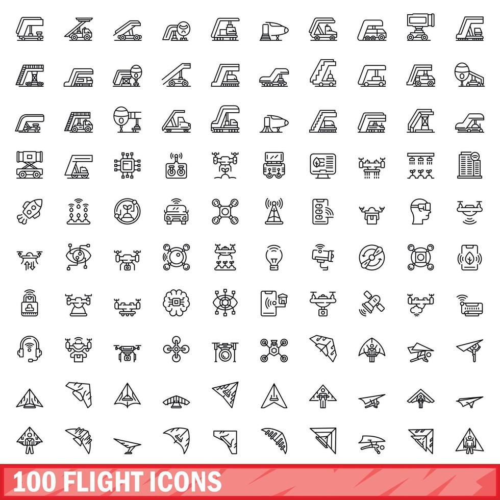 100 flight icons set, outline style vector