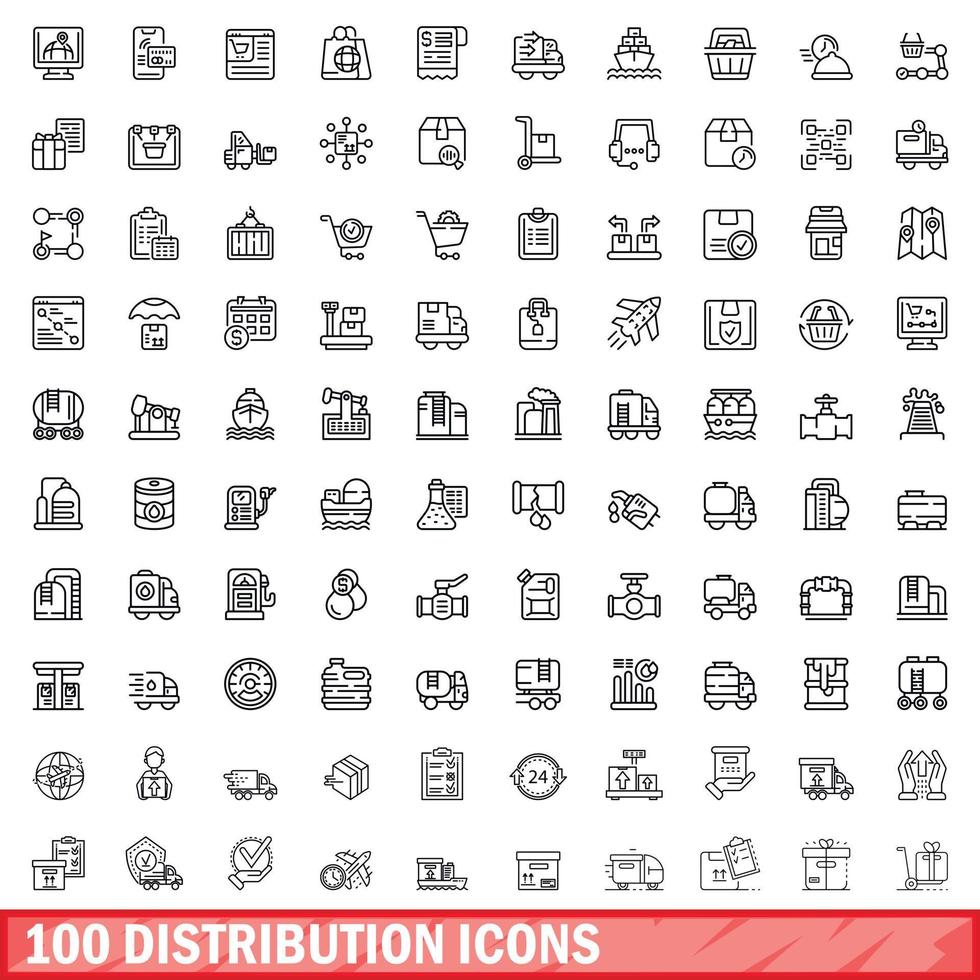 100 distribución íconos colocar, contorno estilo vector