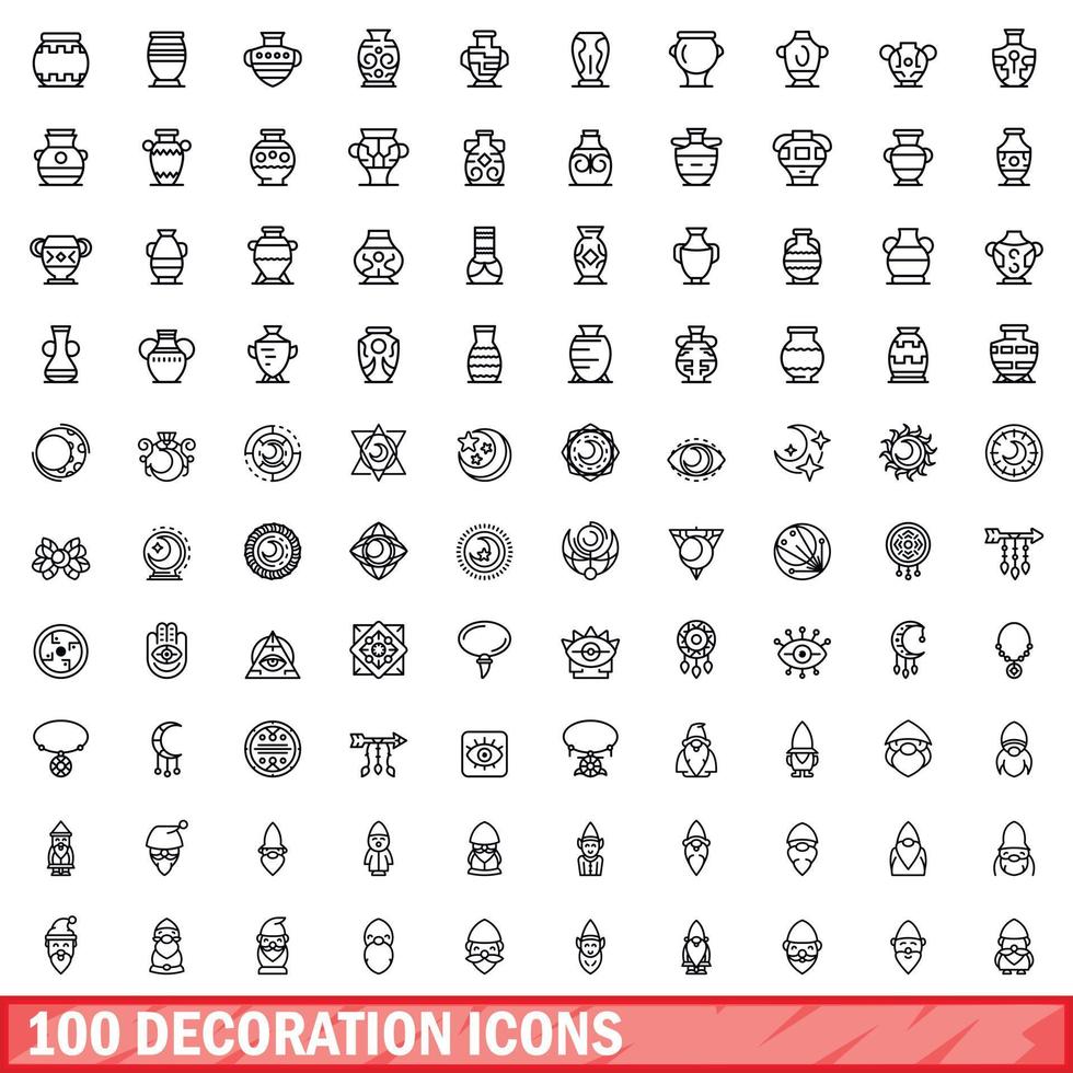 100 decoración íconos colocar, contorno estilo vector