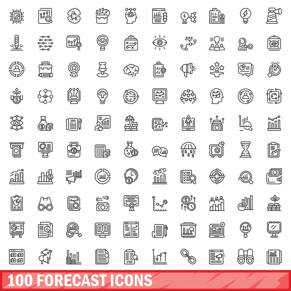 100 forecast icons set, outline style vector