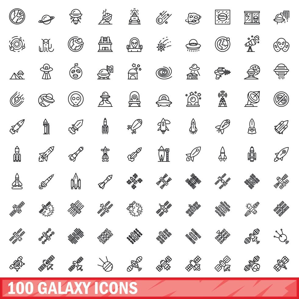 100 galaxy icons set, outline style vector