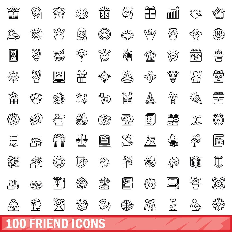 100 friend icons set, outline style vector