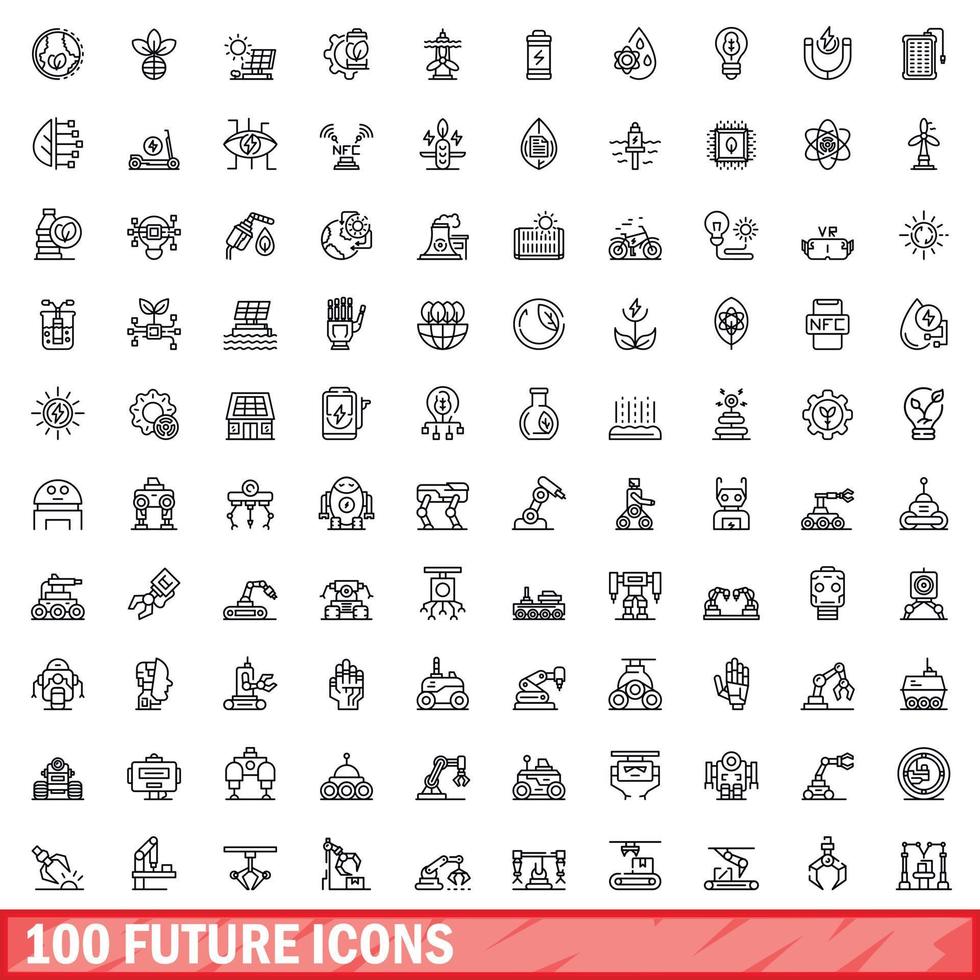 100 future icons set, outline style vector