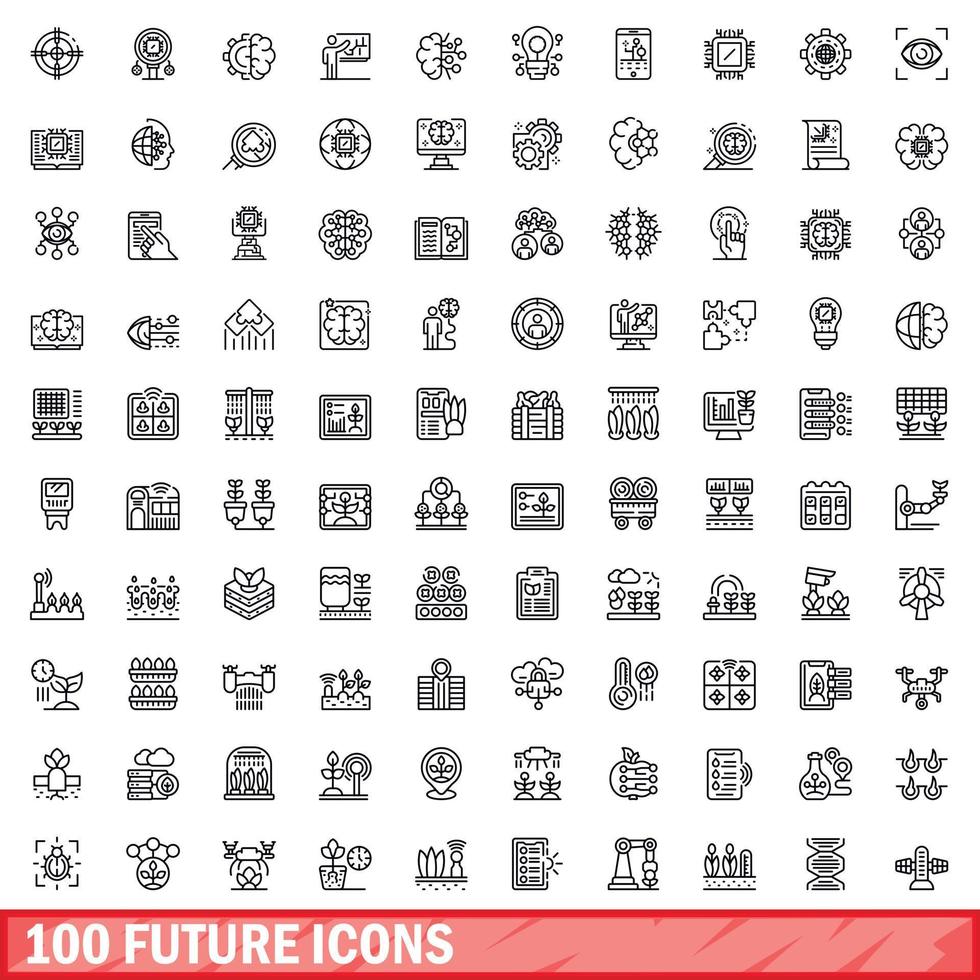 100 future icons set, outline style vector