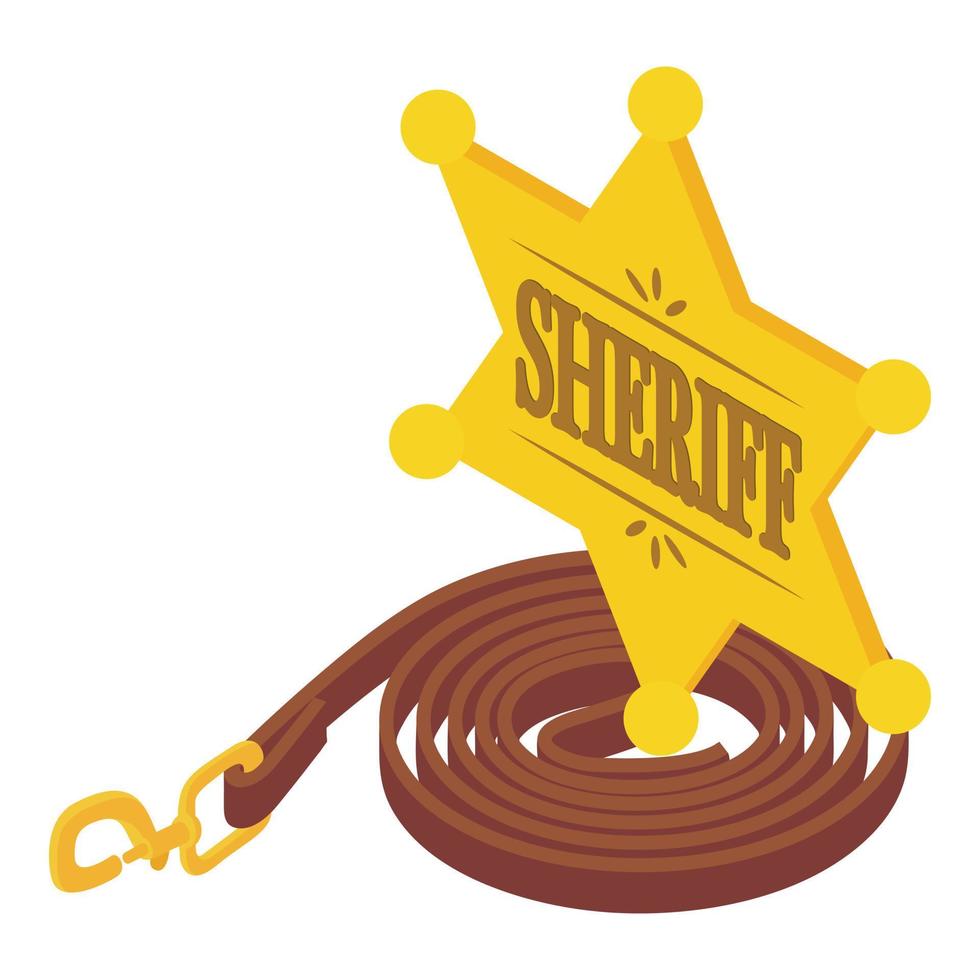 Sheriff symbol icon isometric vector. Gold sheriff badge and leather horse belt vector