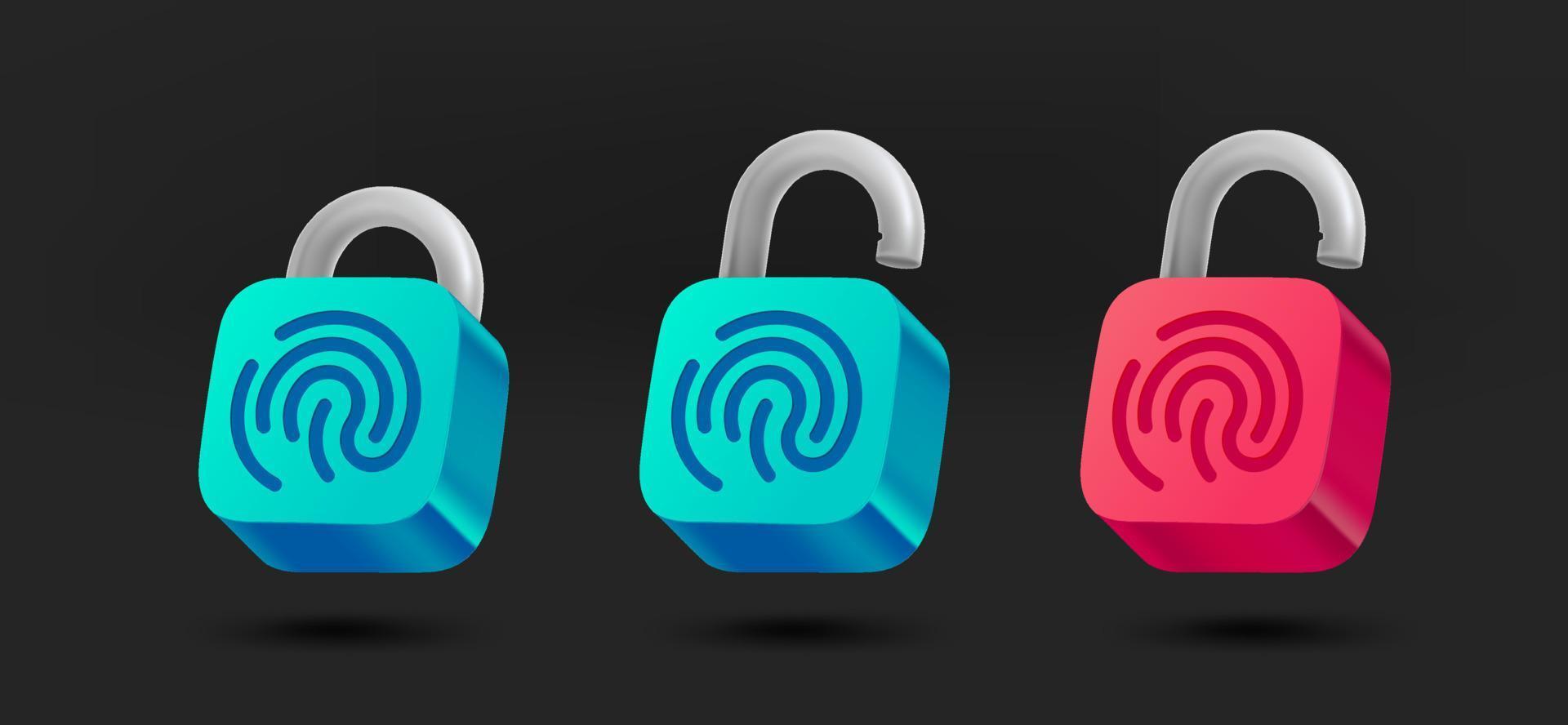 Locked and unlocked padlock with fingerprint collection. 3d vector isolated on black background