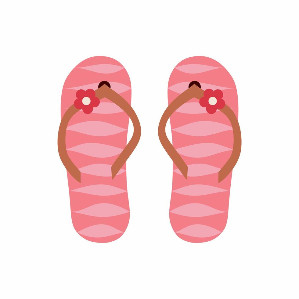 Pair of flip flops, summer time vacation attribute, slippers with flower. Pink and red colors isolated on white. vector