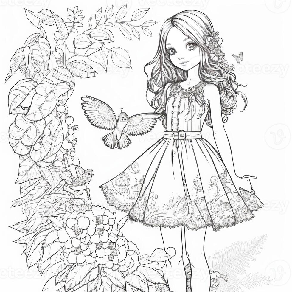 Fashionable Girl with Butterfly Parrot in coloring book photo