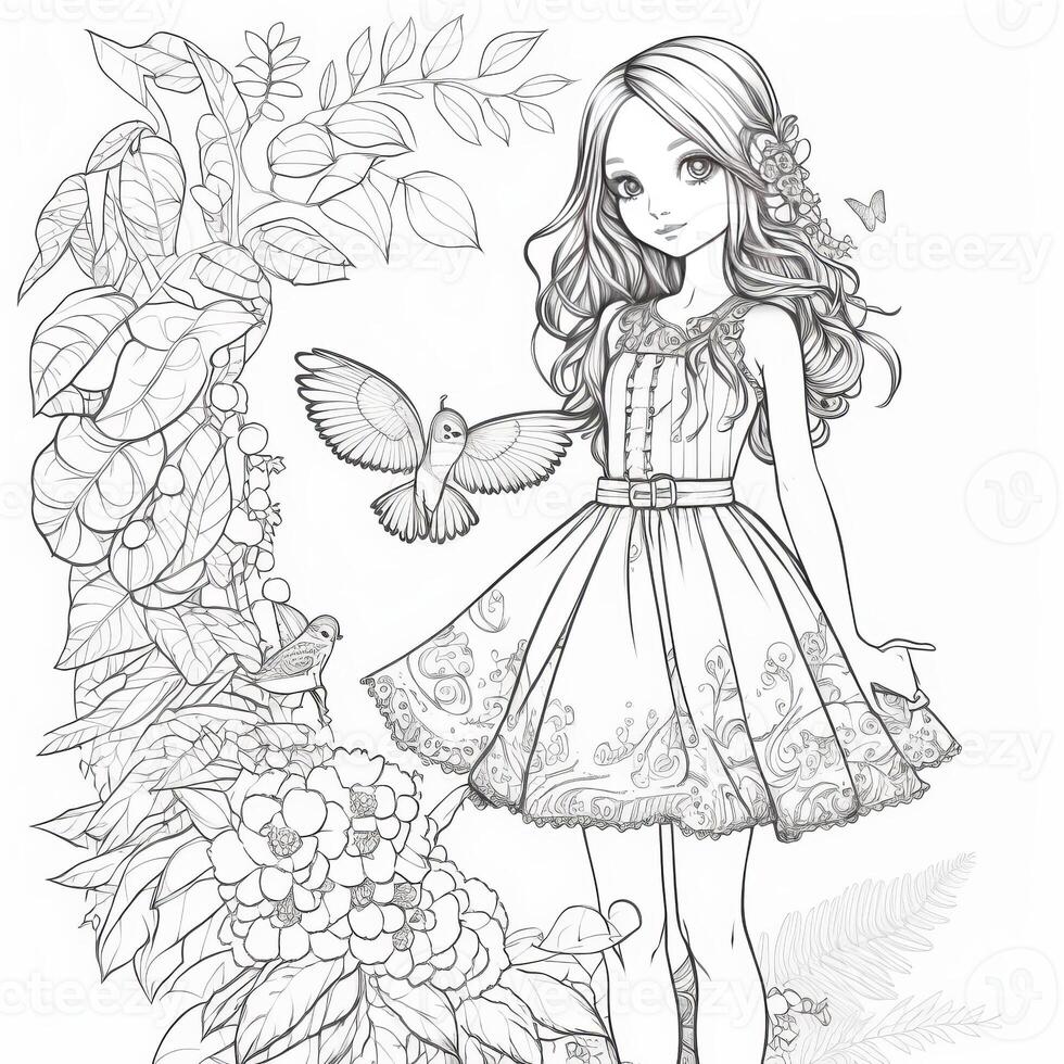 Fashionable Girl with Butterfly Parrot in coloring book photo