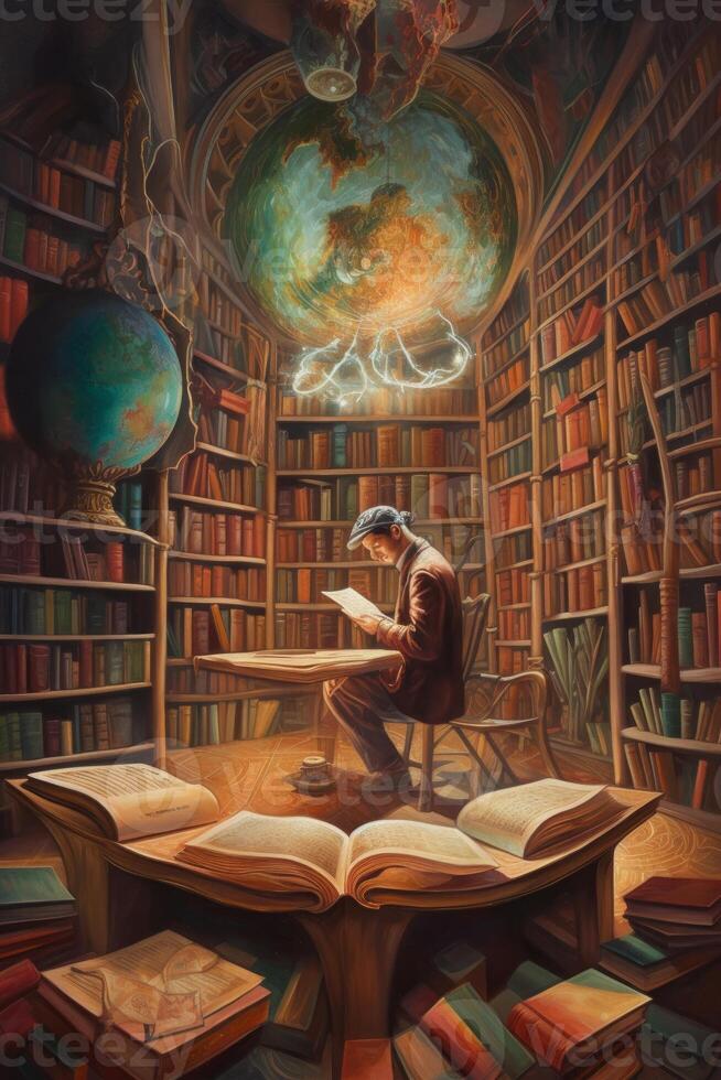 A stunning surrealistic oil painting of a men in library photo