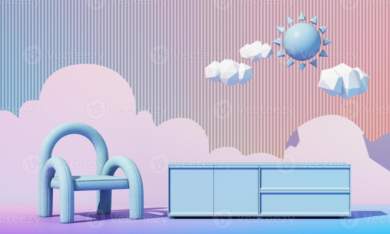 interior design concept Sale of home decorations and furniture During promotions, it is surrounded by sun and cloud armchairs and advertising spaces banner. rainbow pastel background. 3d rendering photo