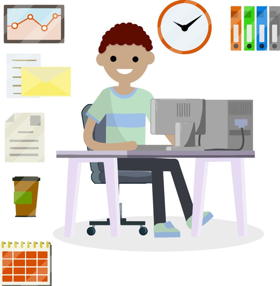 Programmer at work. Hobbies and Internet. Man sitting at table with computer and monitor. Cup of coffee and books. Freelance typing message. Cartoon flat illustration. Office set collection. vector