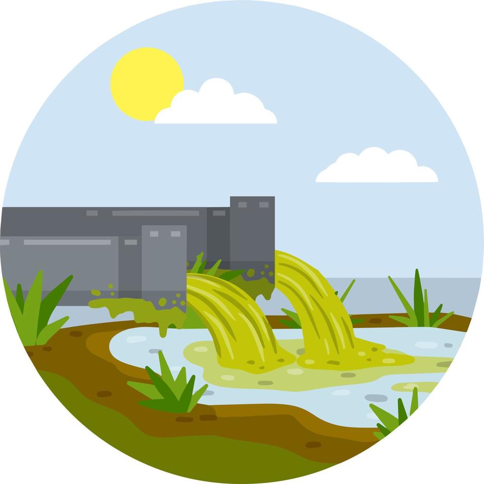 Industrial discharge from the pipe. Pollution of nature and ecology. Chemical waste. Cartoon flat illustration. Modern problem. Green stream in the river vector