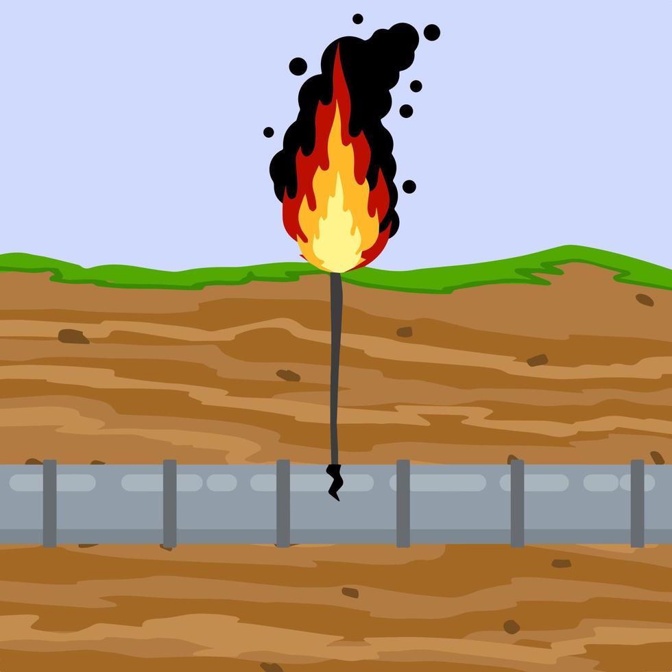 Gas pipeline breakthrough. Pipe in underground. Accident on Oil Pipeline. Environmental problem. Flat Soil in section. Fire and conflagration vector