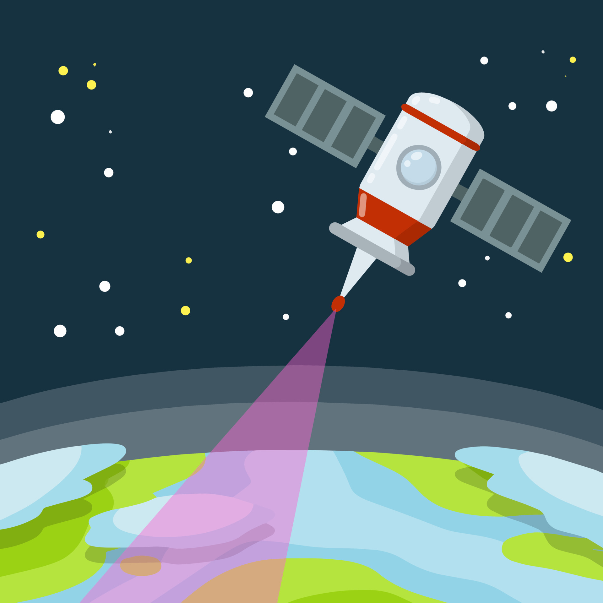 Satellite in earth orbit. Planet in space. Communication and digital waves.  Transmitting information over antenna. Internet and TV. Spacecraft and flat  spacecraft. 22593679 Vector Art at Vecteezy