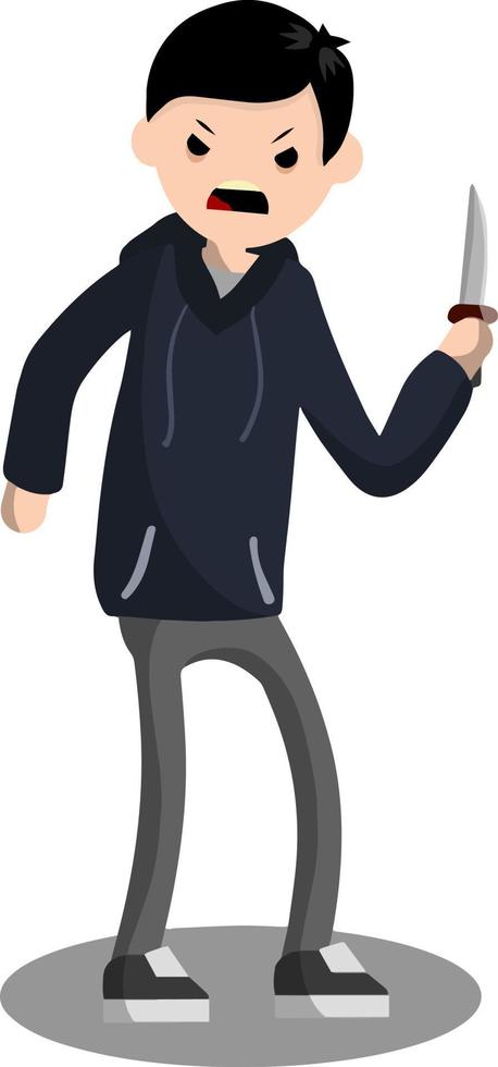 Angry young man with a knife. The Street Crime. A criminal guy offender. A robber is a thief in a hoodie. Urban security problem - Cartoon flat illustration vector