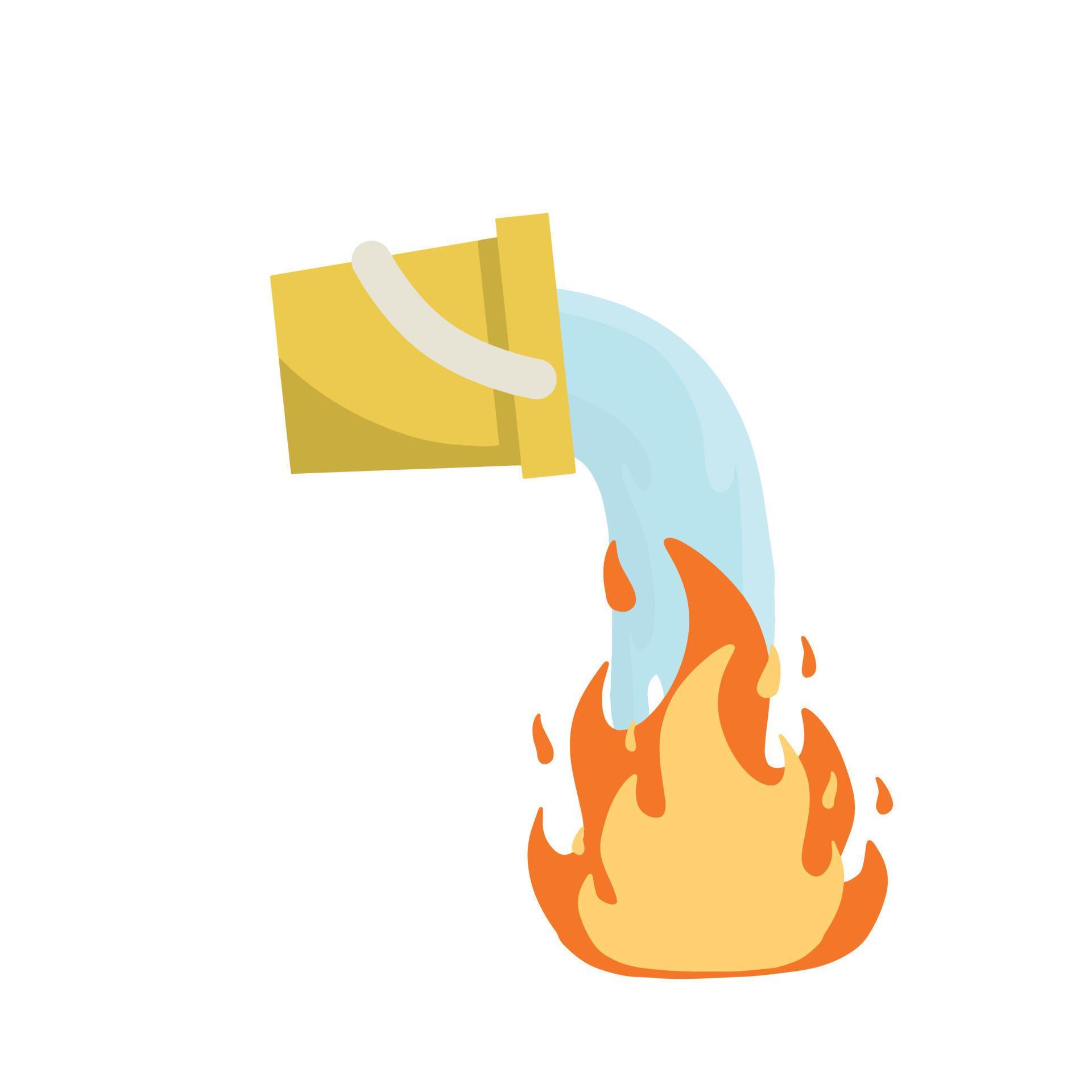 Bucket pours water on fire. Firefighting and spilling with spray. Flat