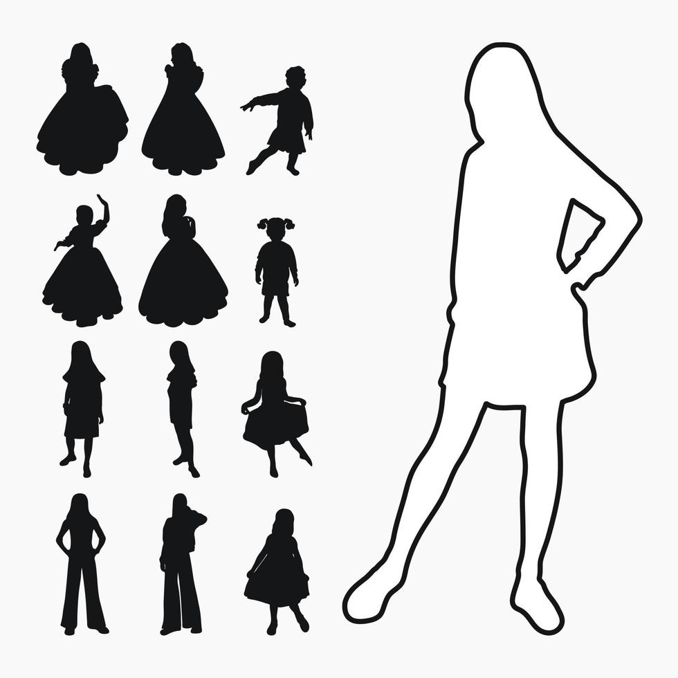 Vector collection of black silhouettes of children and teenagers posing for a casting. Model of the body of a child, the figure of a girl, a teenager.