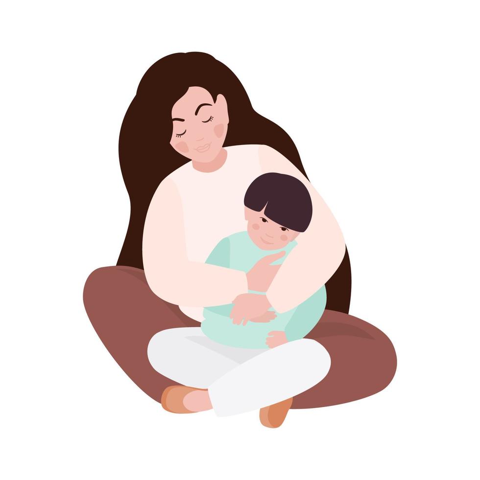 Young woman hugging her son. Happy mother's day concept mom and little boy. Vector illustration.