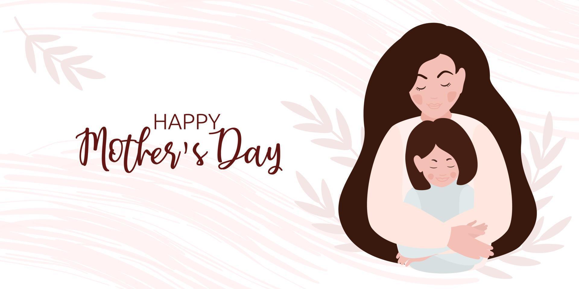 Landing page with Young woman hugging her daughter. Banner about Happy mother's day concept mom and little girl. Mother and child. Vector illustration.