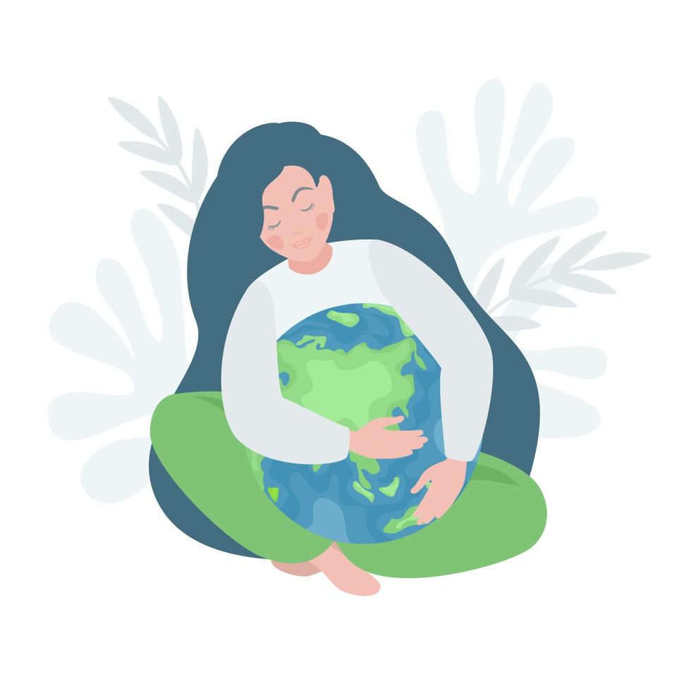 Young woman with green planet. Earth day save the planet. The concept of environmental conservation. Vector illustration.