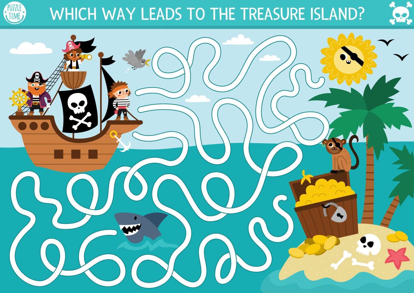 Pirate maze for kids with marine landscape, ship, treasure island. Treasure hunt preschool printable activity with chest, coins, shark, sun, palm trees. Sea adventures labyrinth game or puzzle vector