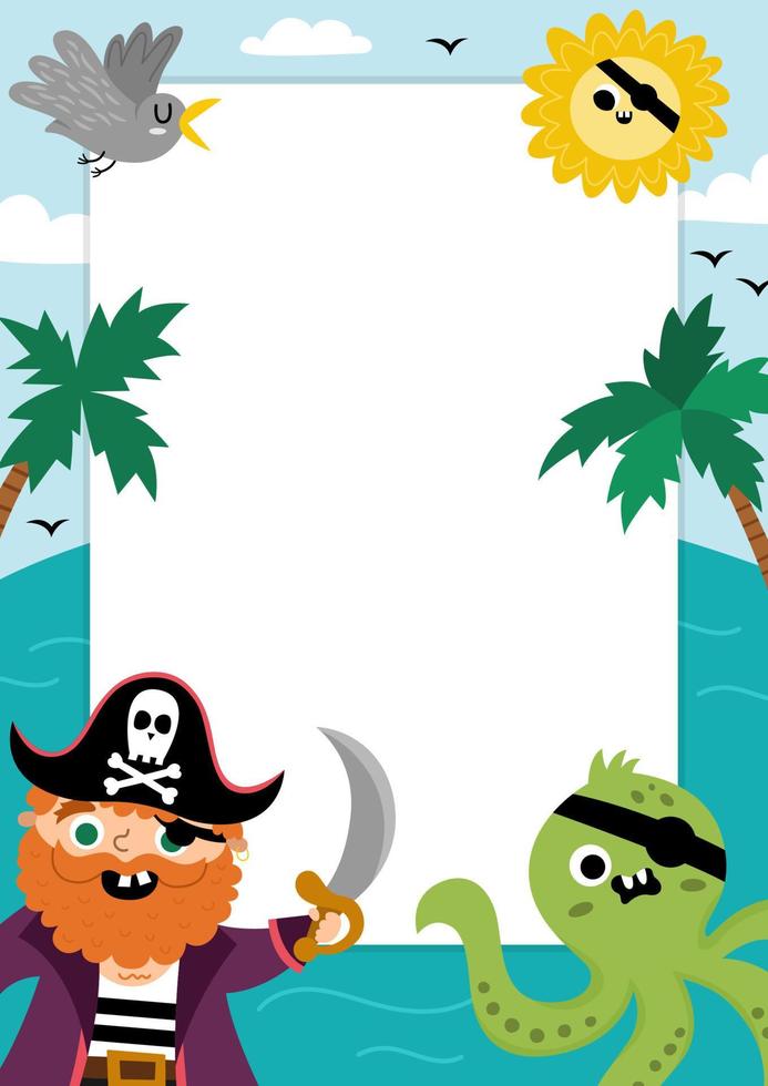 Pirate party greeting card template with cute captain, marine landscape and palm trees. Treasure island vertical poster or invitation for kids. Bright sea holiday illustration with place for text vector