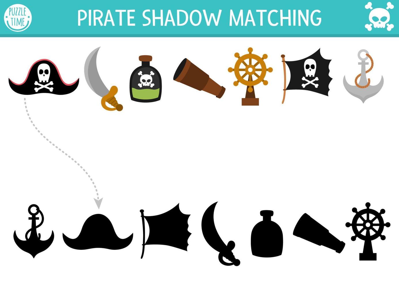 pirata sombra pareo actividad. tesoro isla cazar rompecabezas con linda pirata sombrero, sable, botella, ancla, bandera. encontrar correcto silueta imprimible hoja de cálculo o juego. mar aventuras página para niños vector