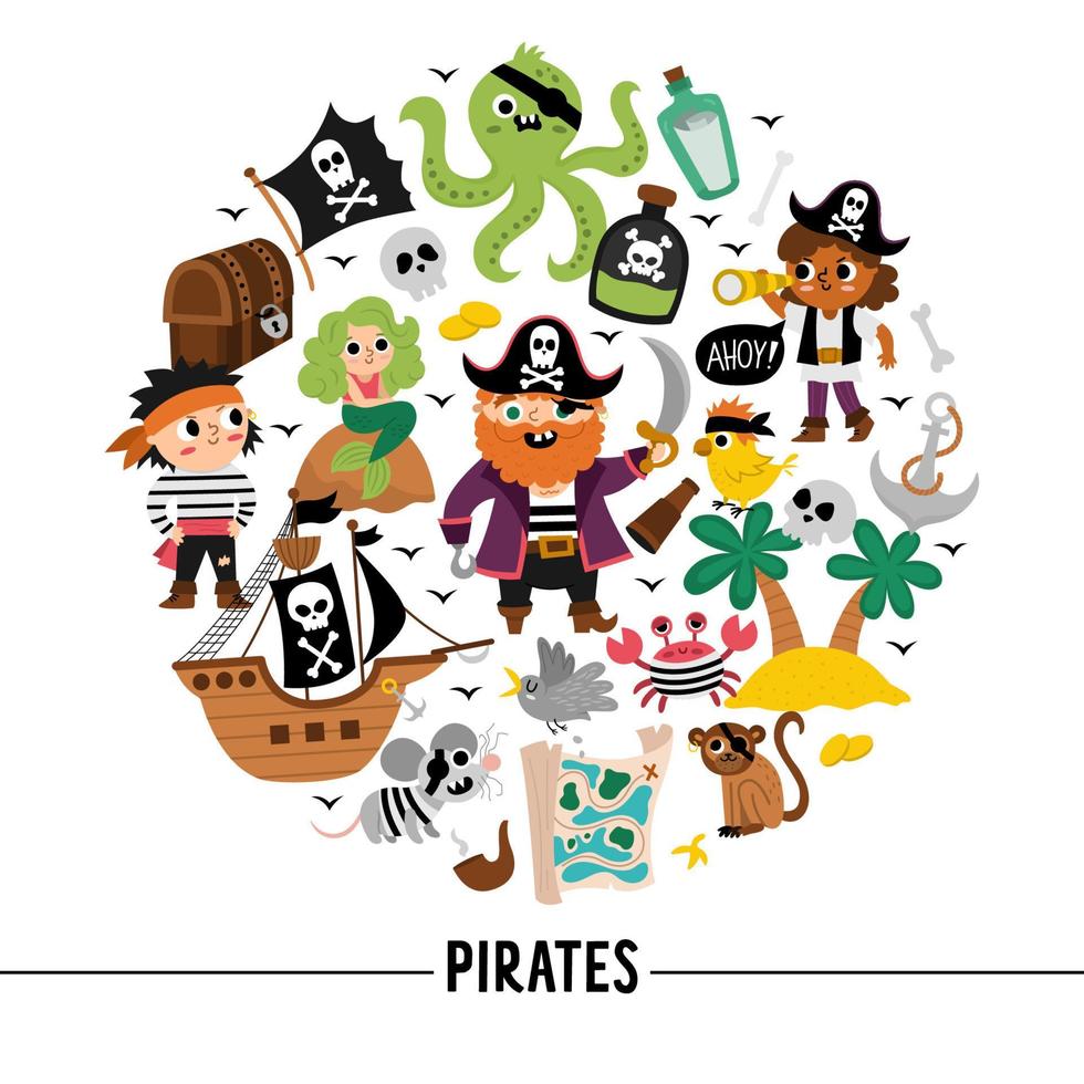 Vector pirate round frame with pirates, ship and animals. Treasure island card template or marine party design for banners, invitations. Cute sea adventures illustration with octopus, mermaid, parrot