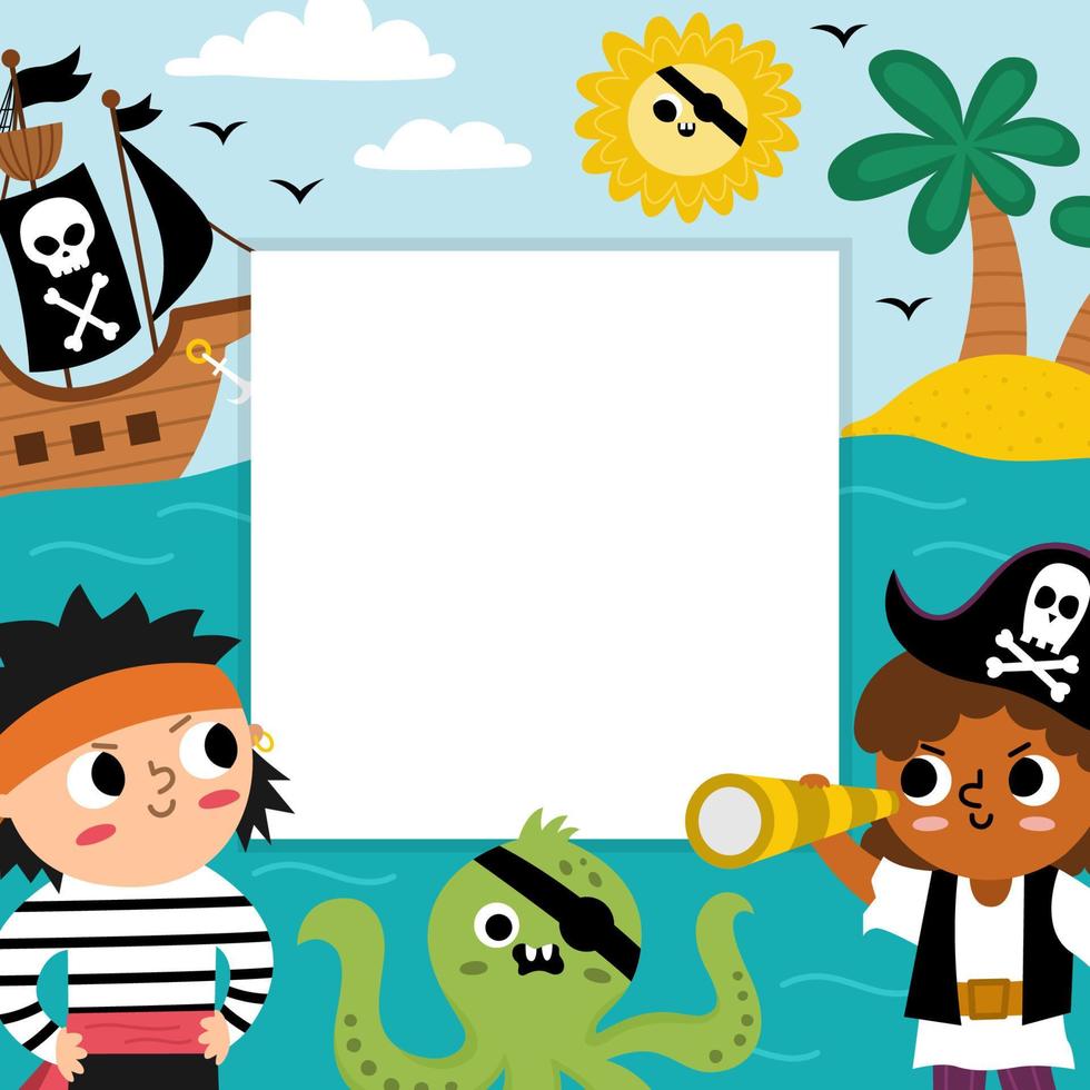 Pirate party greeting card template with cute captain, marine landscape and palm trees. Treasure island square poster or invitation for kids. Bright sea holiday illustration with place for text vector