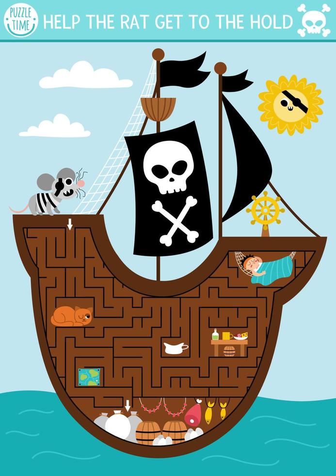 Pirate maze for kids with marine landscape and ship interior. Treasure hunt preschool printable activity. Sea adventures labyrinth game or puzzle. Help the rat get to the hold vector