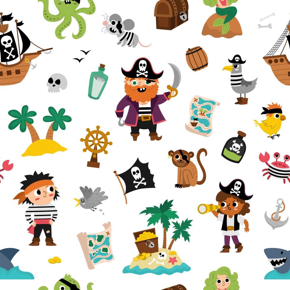 Vector pirate seamless pattern. Cute sea adventures repeat background. Treasure island digital paper with ship, captain, sailors, chest, map, parrot, monkey, map. Funny pirate party texture
