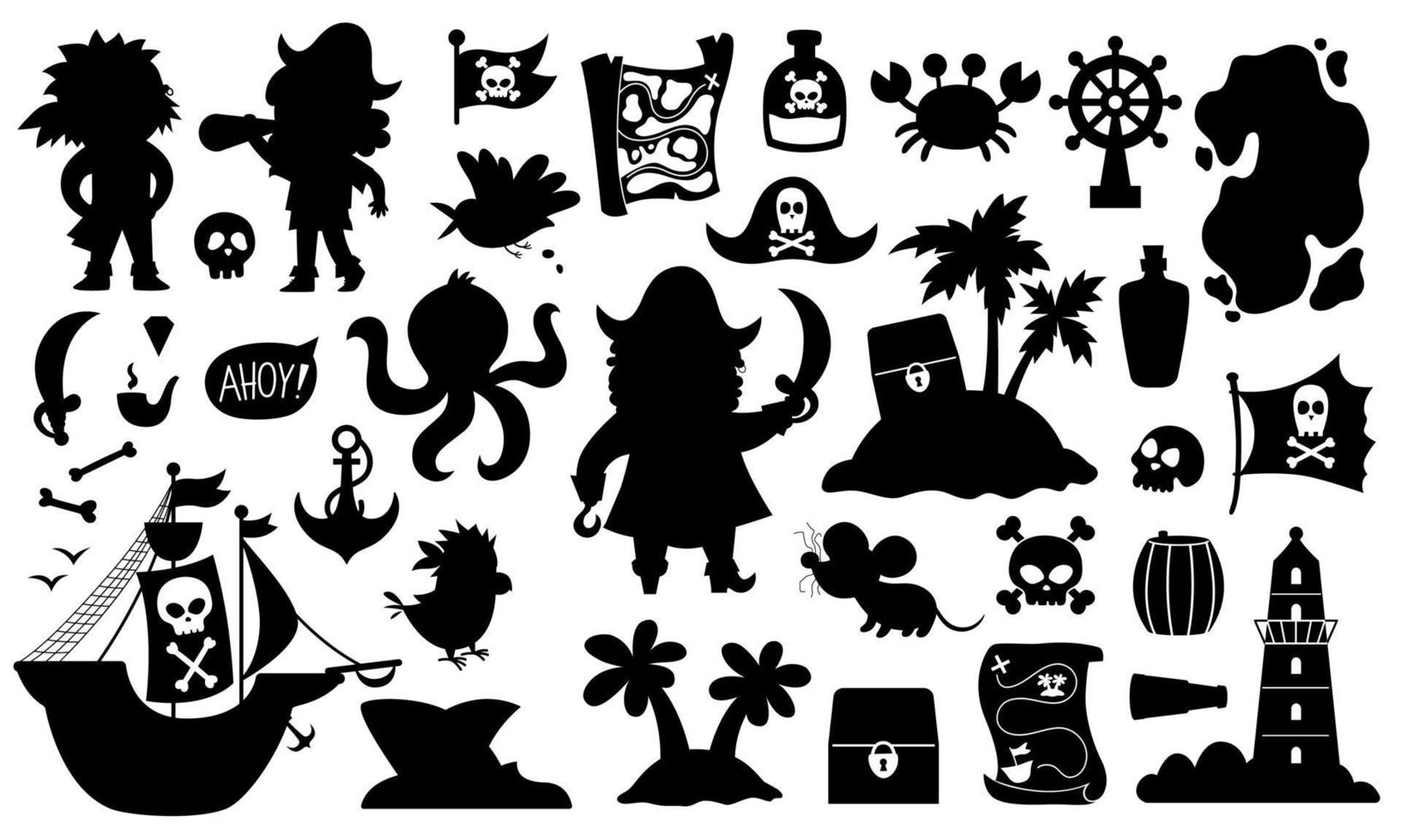 Vector pirate silhouettes set. Cute sea adventures black icons collection. Treasure island shadow illustrations with ship, captain, sailors, chest, map, parrot, map. Funny pirate party elements